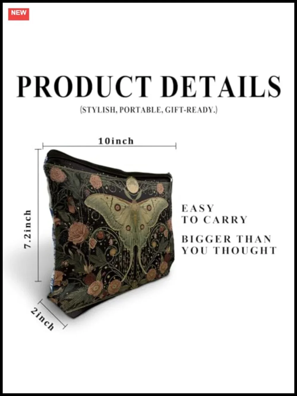 Gothic Floral Butterfly Makeup Bag, Dark Academia Moth Cosmetic Pouch for Women